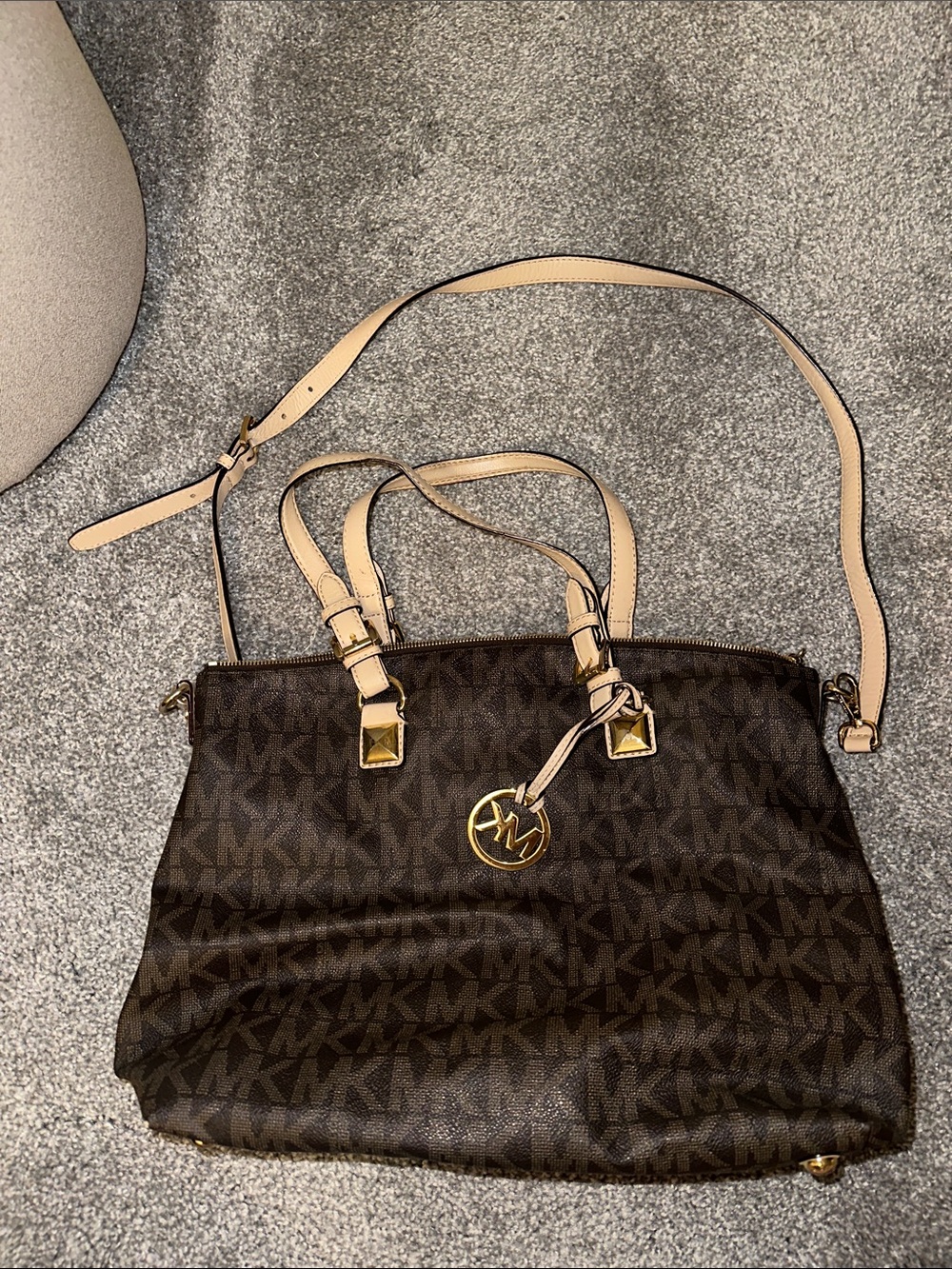 Michael Kors Dark Brown MK Logo Shoulder Bag with Light Tan Straps